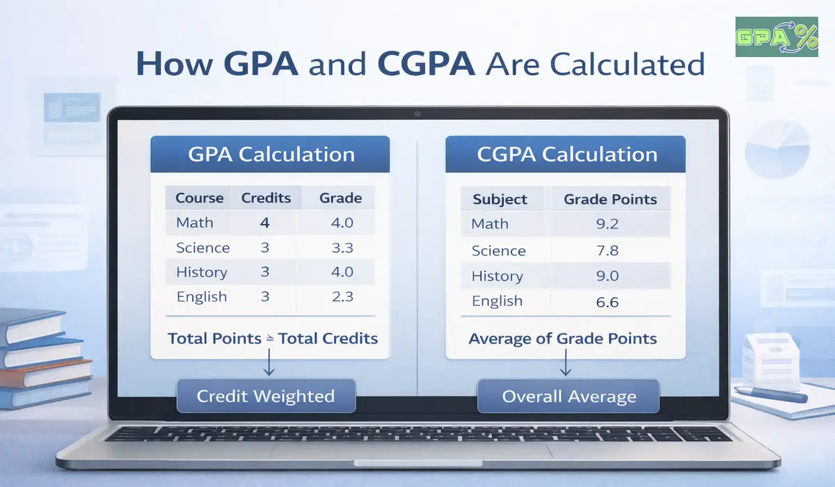 Infographic showing how GPA and CGPA calculations differ