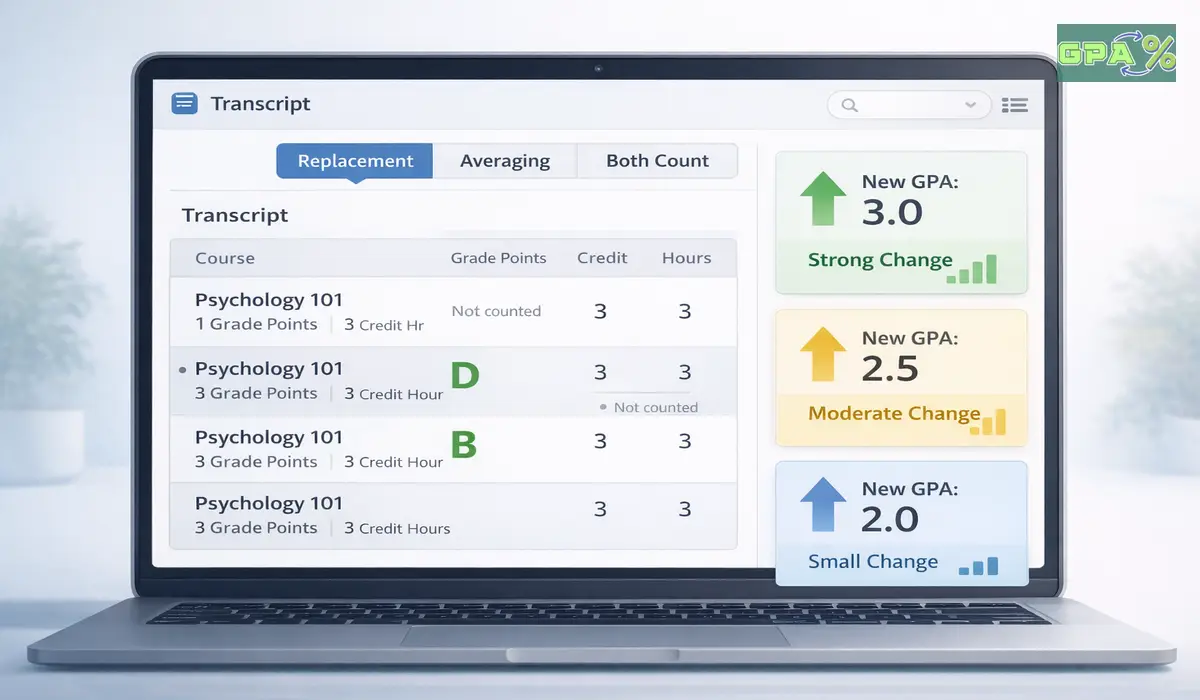 Display comparing GPA results under different repeat-course policies