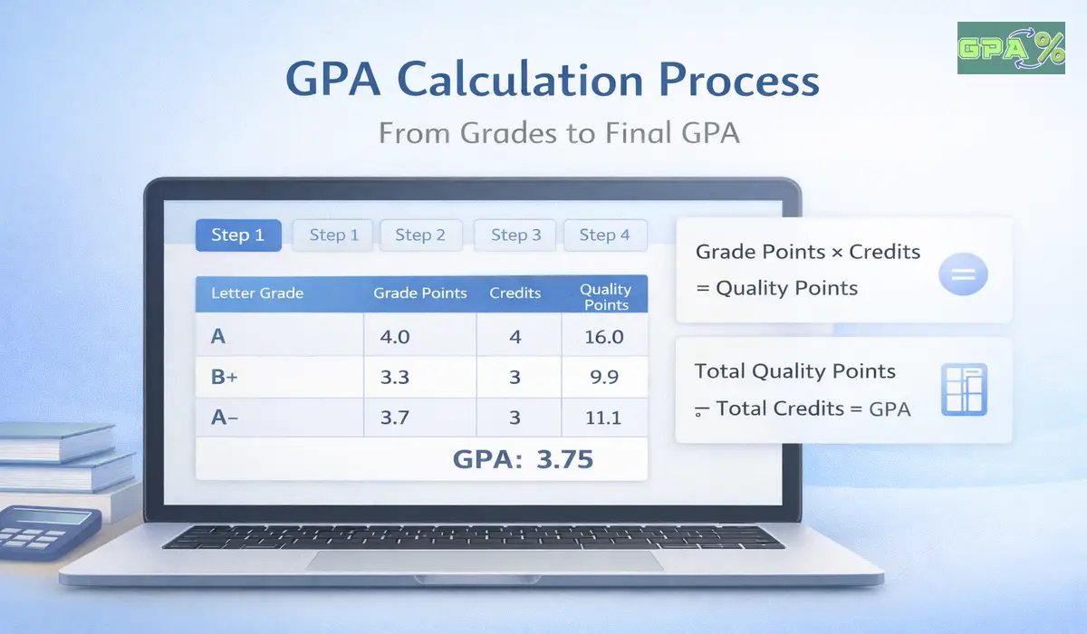 Laptop screen showing the GPA calculation process with grades and credits
