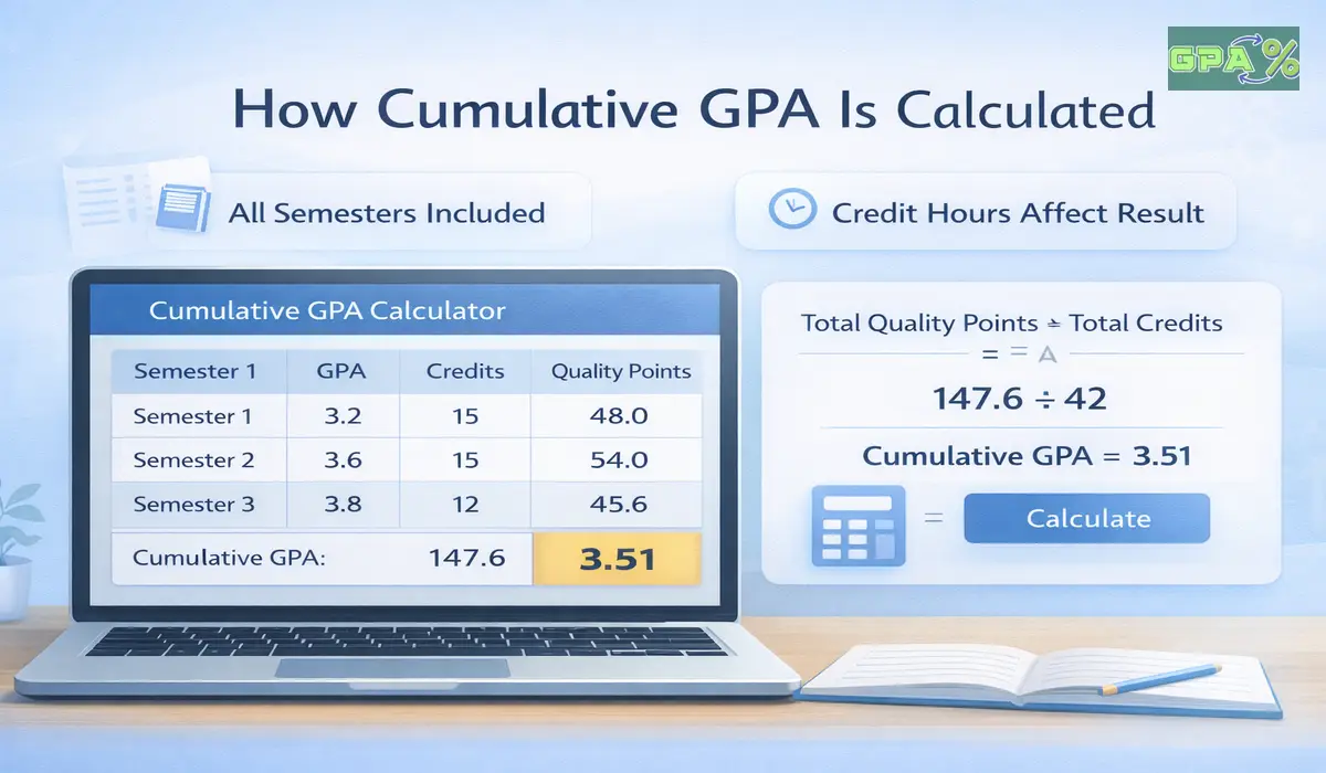 Step by step example showing how cumulative GPA is calculated across semesters