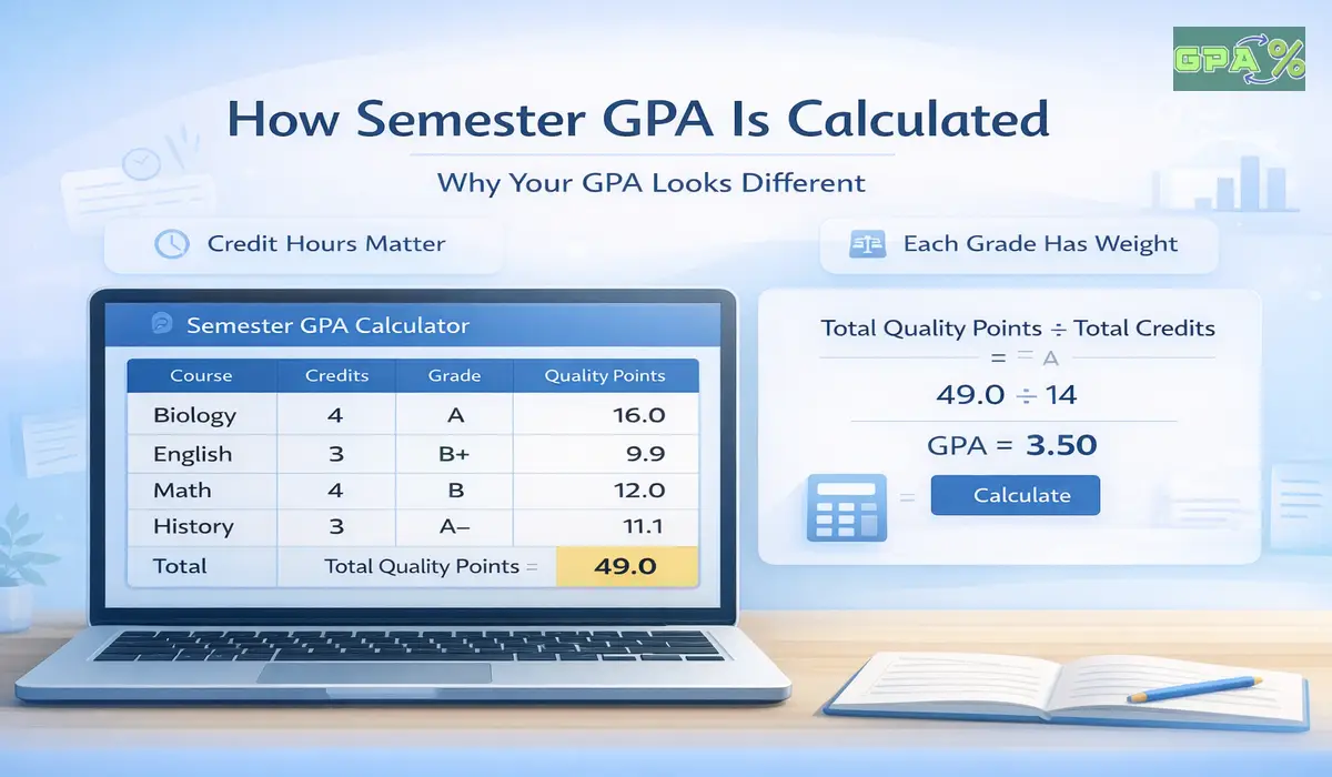Step by step example of semester GPA calculation using grades and credits