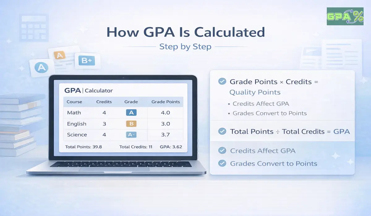 Step by step example showing how GPA is calculated using grades and credits