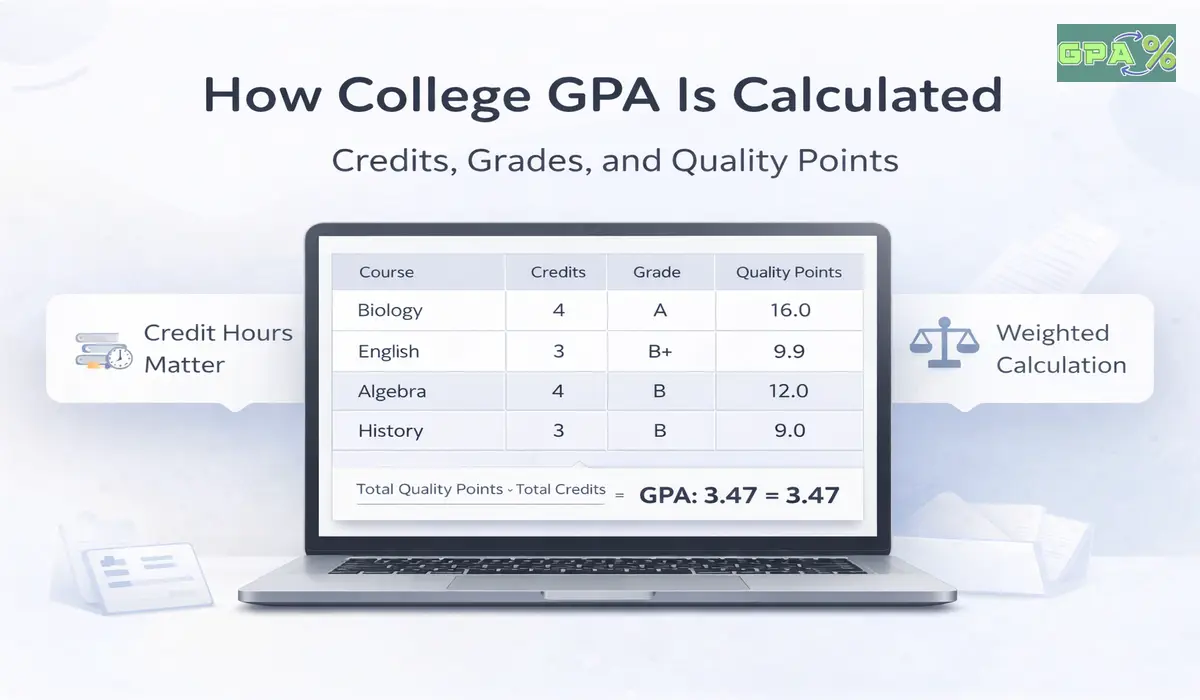 Illustration showing how college GPA is calculated using grades and credits
