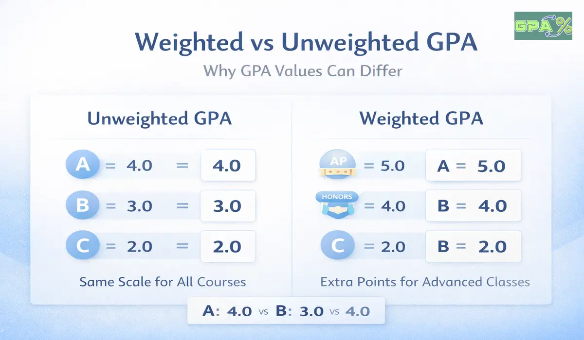Comparison showing weighted GPA and unweighted GPA calculation differences