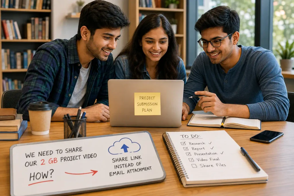 College students planning how to share a 2 GB project video using a link instead of an email attachment