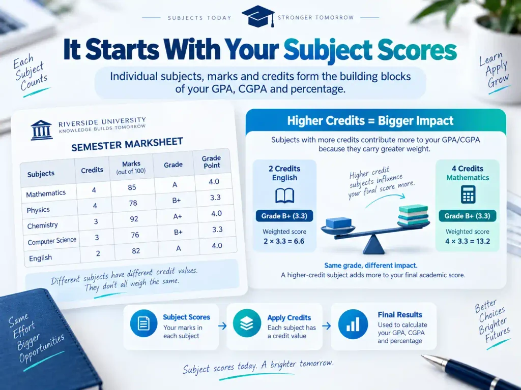 Academic marksheet showing how subject grades and credit values affect GPA and CGPA calculations