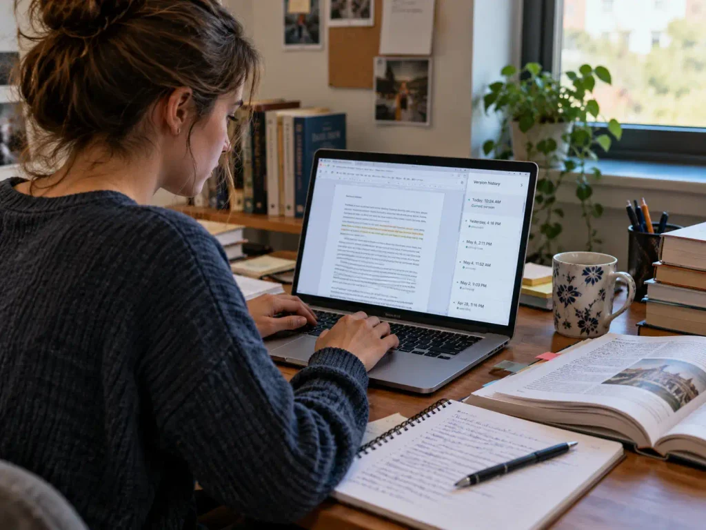 College student reviewing Google Docs version history on a laptop with handwritten research notes and textbooks to show how an assignment was written.